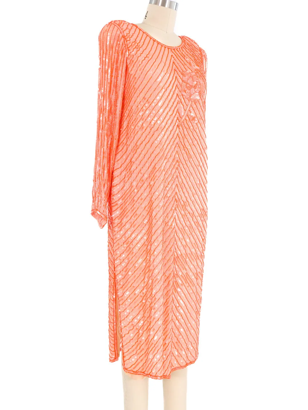 Coral Beaded Silk Chiffon Dress