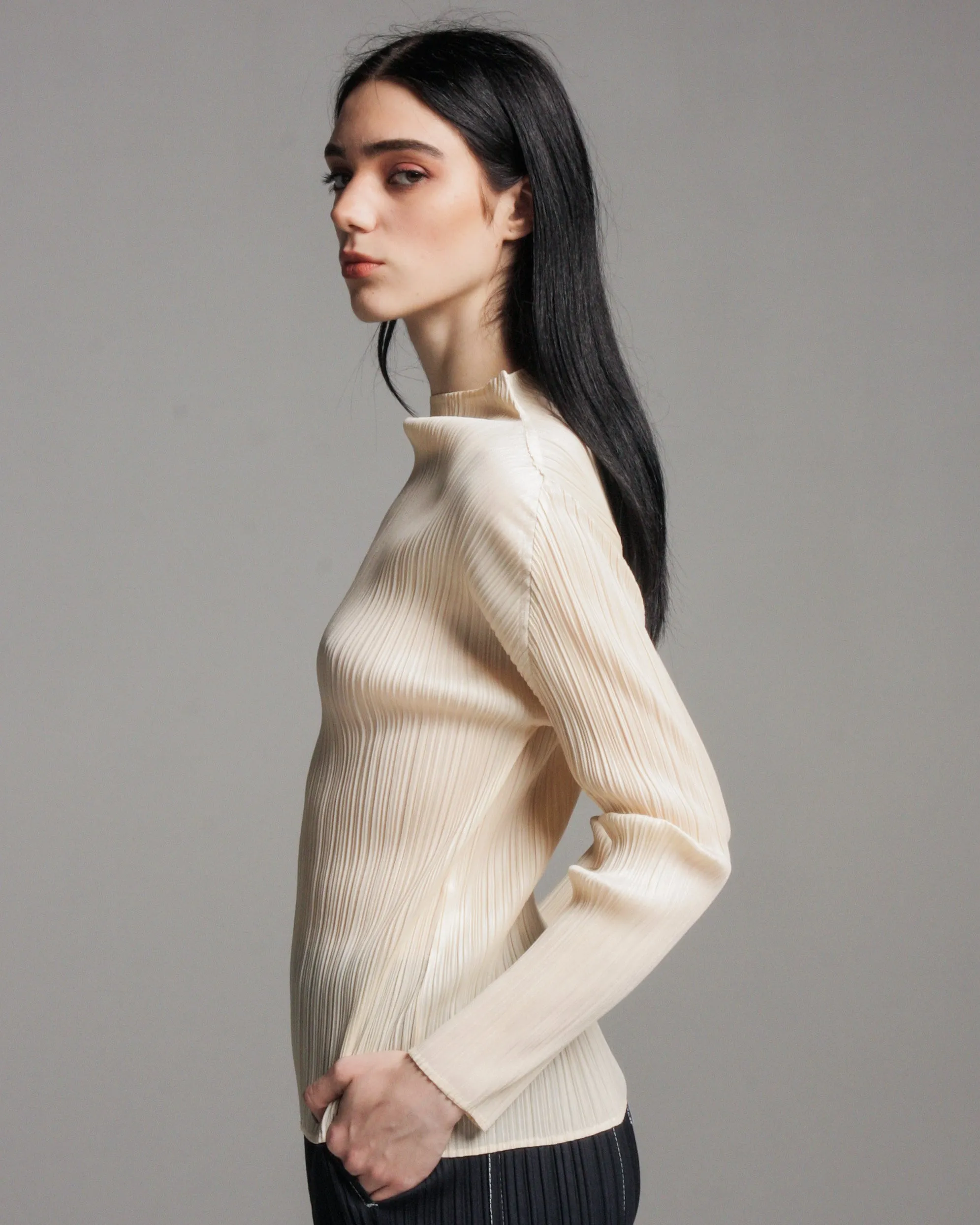 Cream High Neck Long Sleeve Top