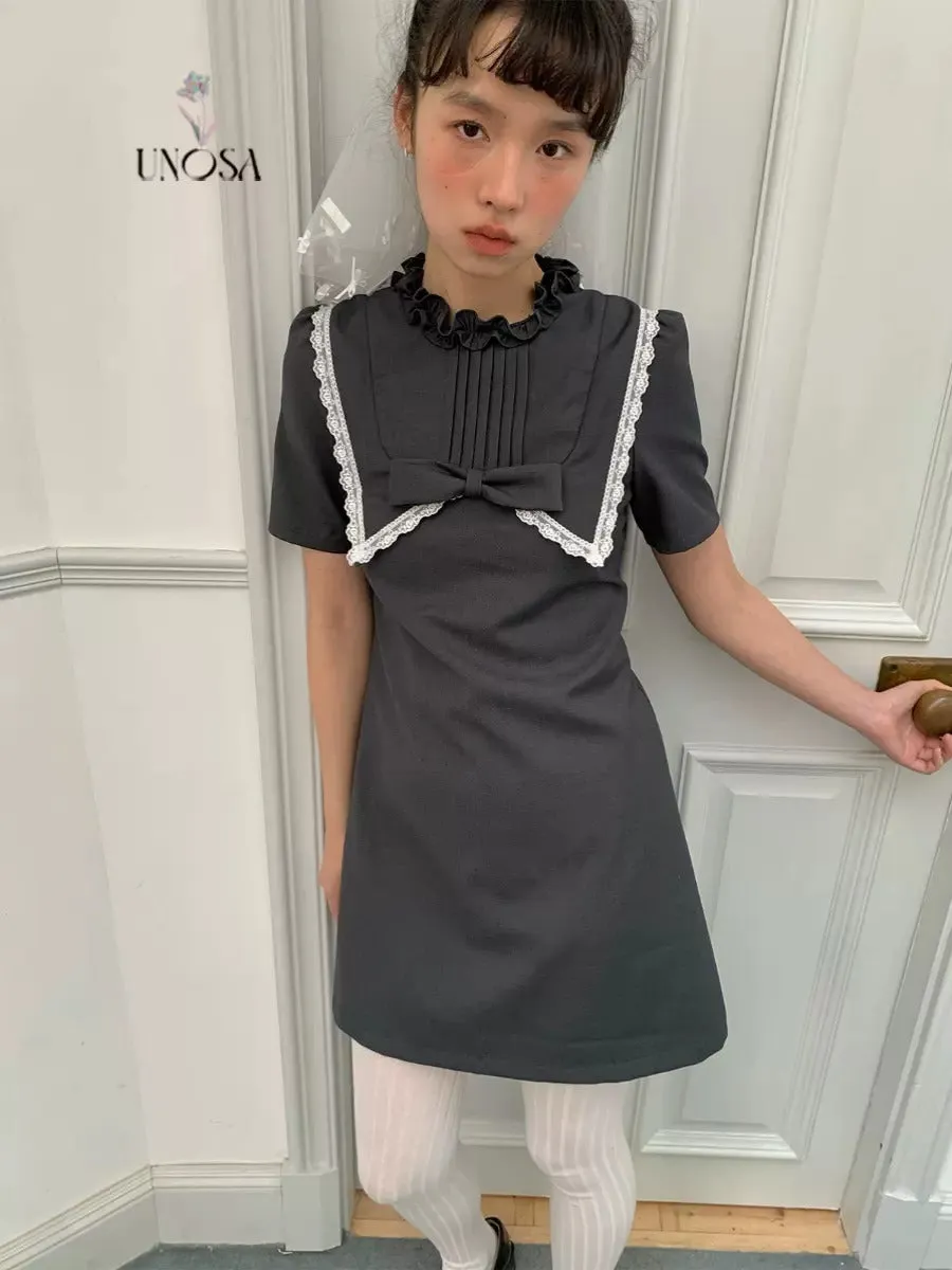 Frill Neck Lace Bow Puff Sleeve A-Line Short Dress