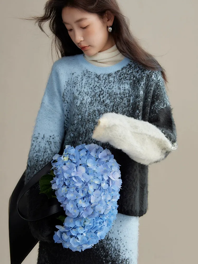Gradient Color Sweater & Knitted Long Skirt