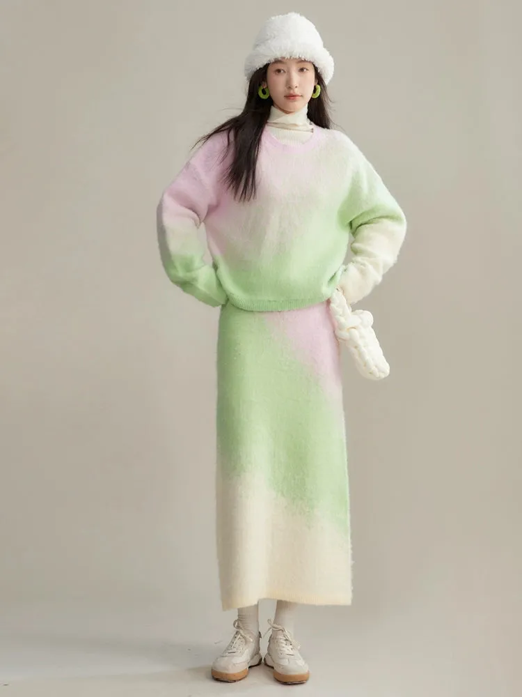 Gradient Color Sweater & Knitted Long Skirt