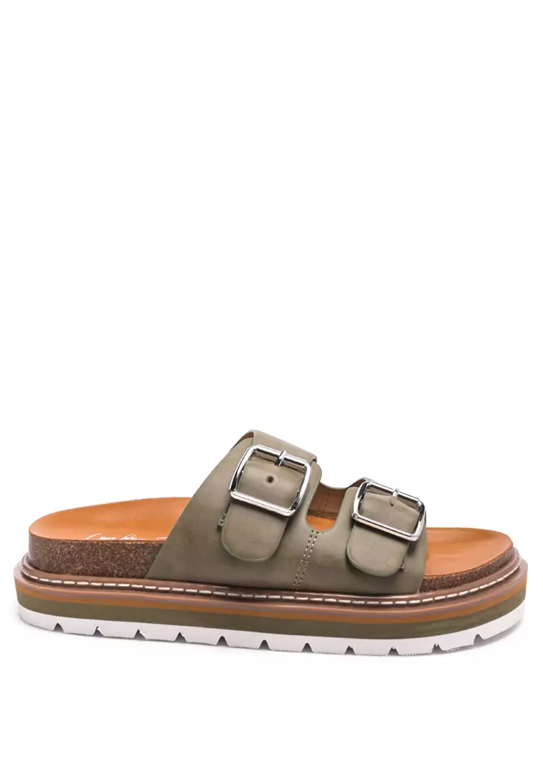 London Rag Buckled Platform Slides in Olive