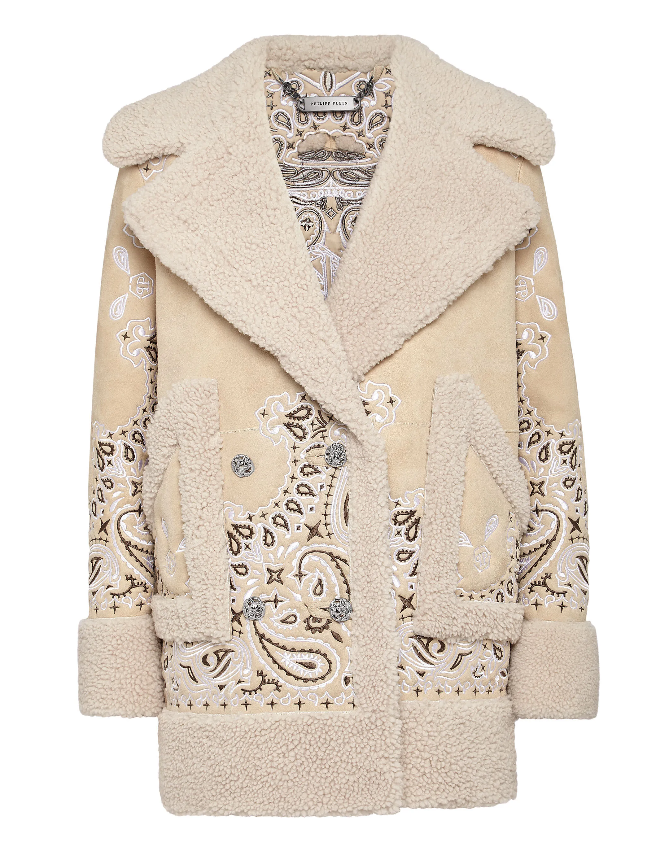 PHILIPP PLEIN Shearling Oversize Long Coat Paisley Bandana