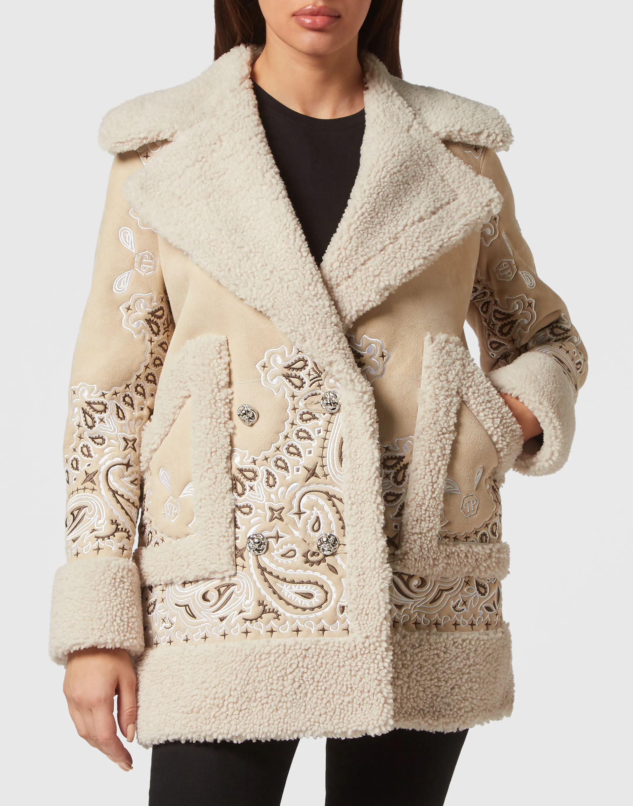 PHILIPP PLEIN Shearling Oversize Long Coat Paisley Bandana