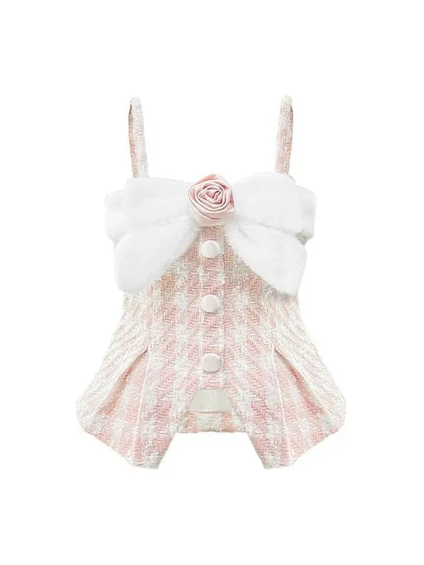 Plaid Tweed Flower Ribbon Design Camisole ＆ Furry Puff Skirt