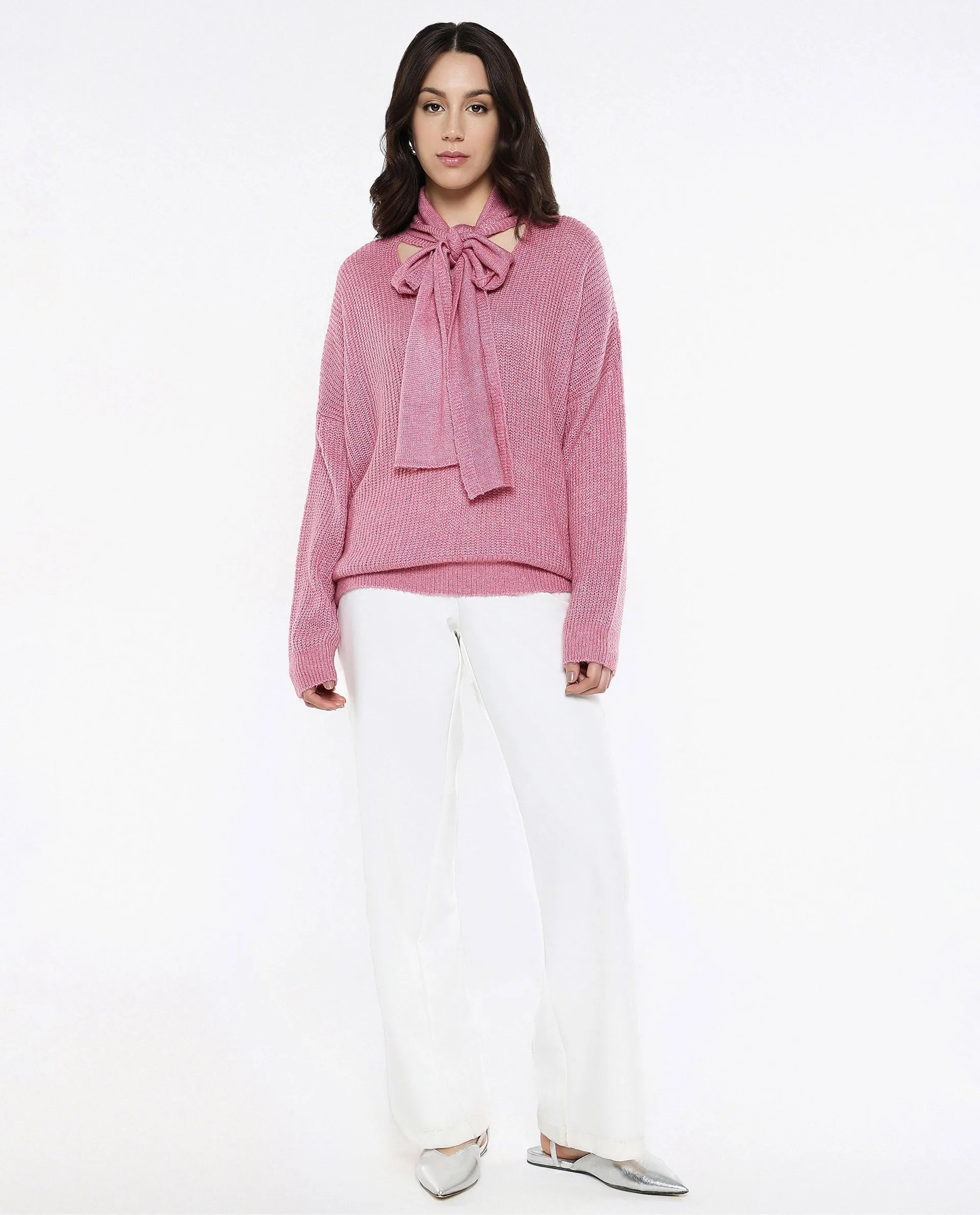 Rareism Women Buzz Light Pink Acrylic Nylon Fabric Oversized Fit Plain Sweater