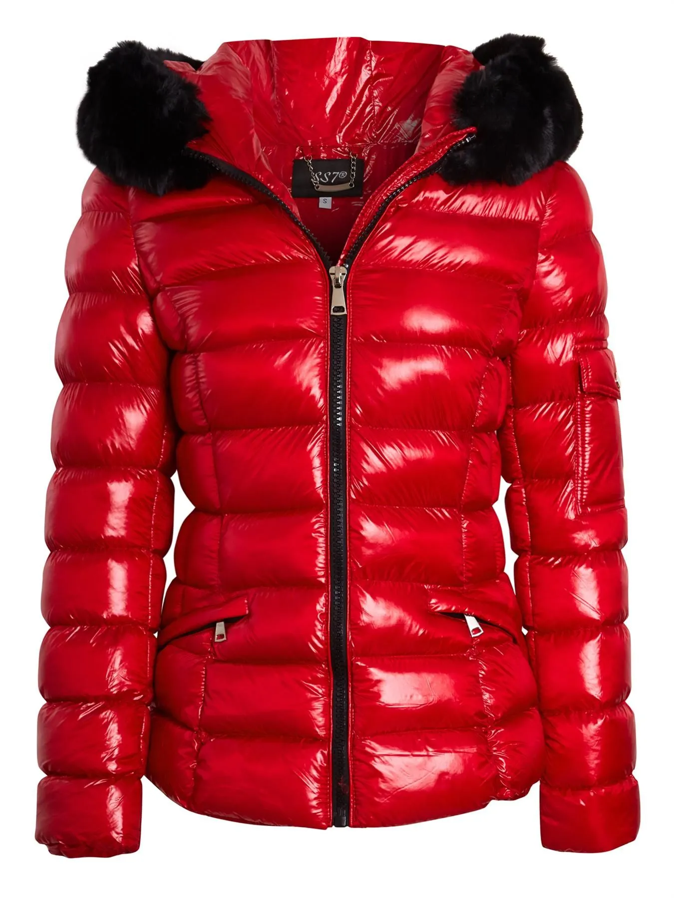 Shiny Winter Coat with Faux Fur, Red, Black, UK Sizes 6 to 14