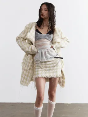 Tweed Tassel Cut-Off Checked Retro Mini-Skirt