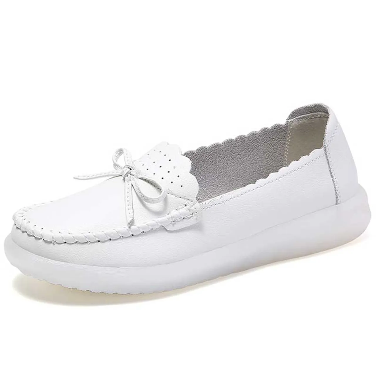 White plain lace tie on top slip on shoe loafer