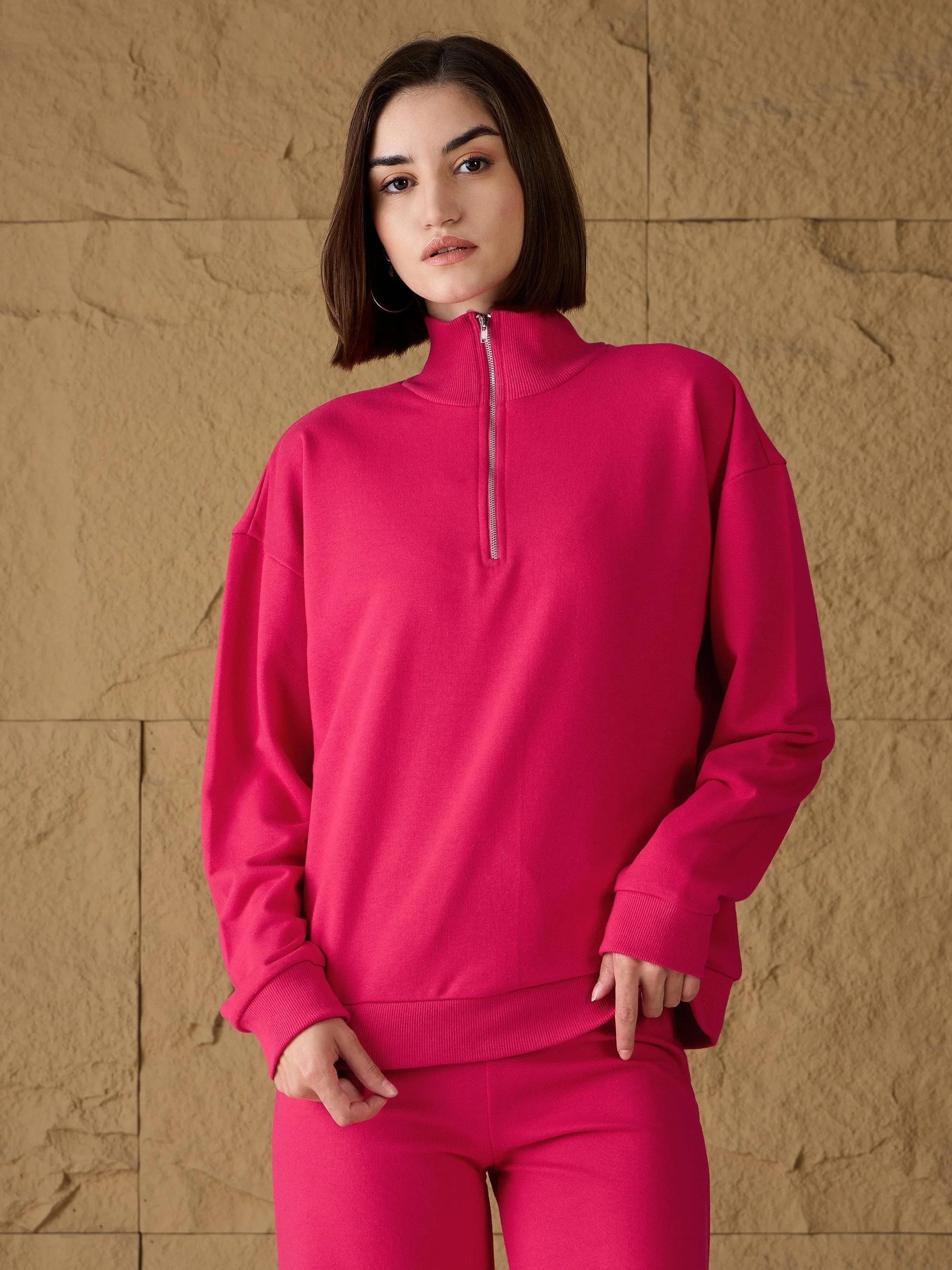 Women Fuchsia High-Neck Sweatshirt